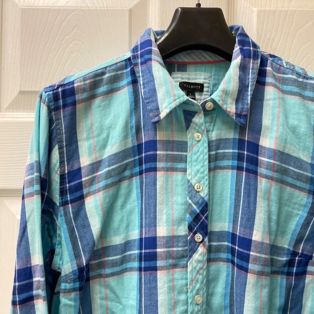 Talbots Women's Large Blue Plaid Double Face Button Up Shirt L/S Cotton Casual